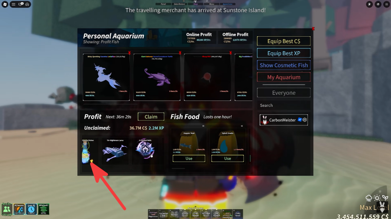 potions have 0.25% chance to be a glitch potion in the aquarium rewards in fisch roblox