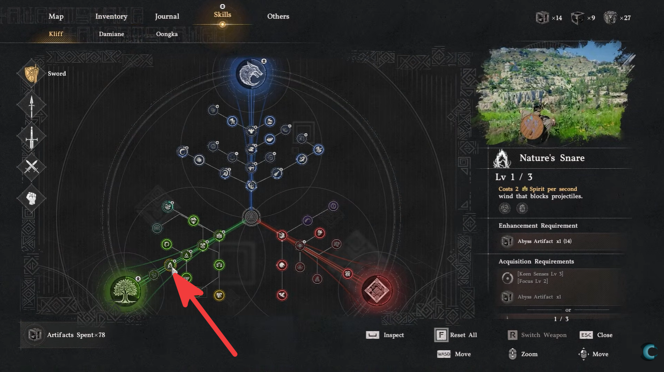 image showing nature's snare in the crimson desert skill tree menu of kliff
