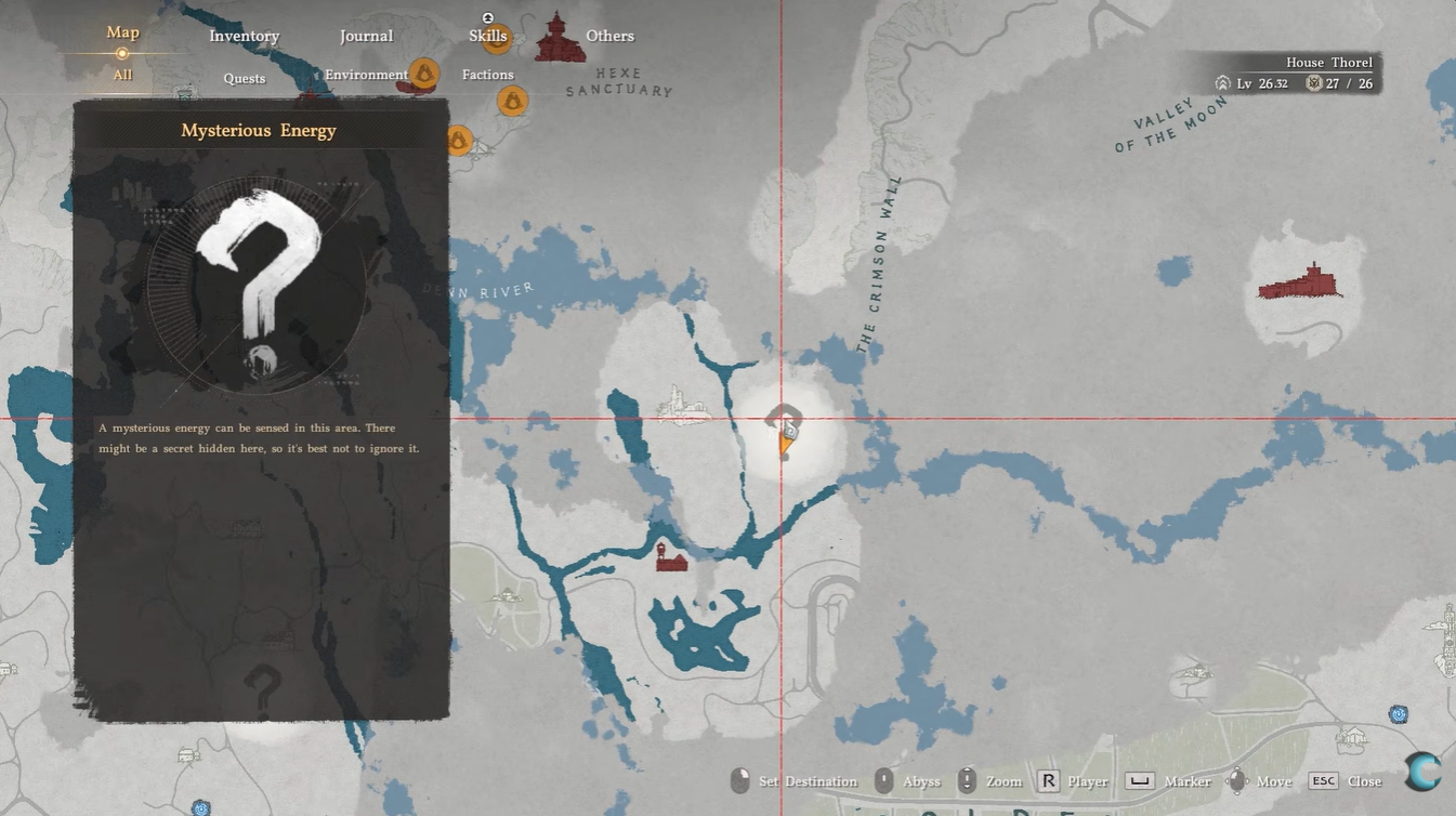 Map location of the Wiggling Hill mysterious energy in crimson desert