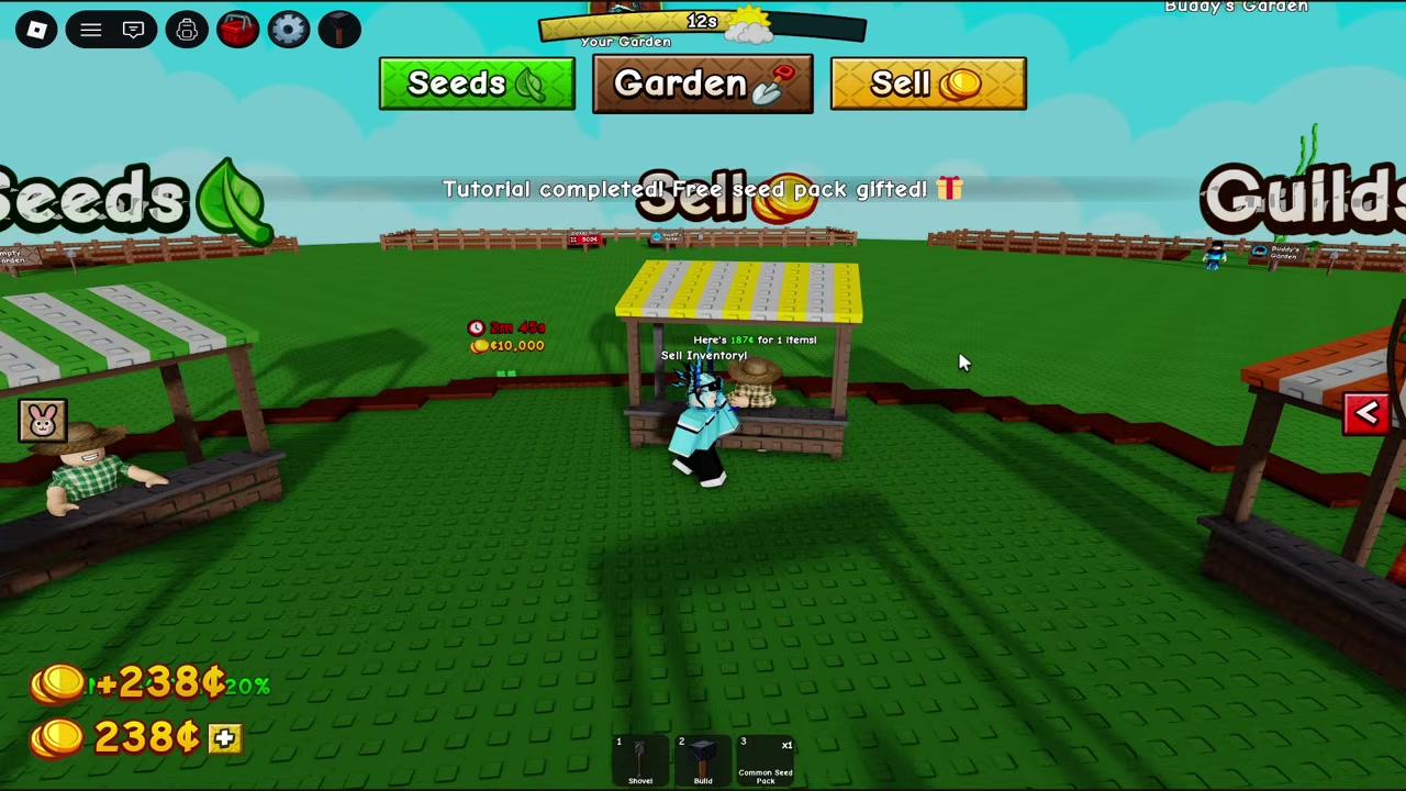 Seed shop, sell area, gear, guilds, and farm plots appear