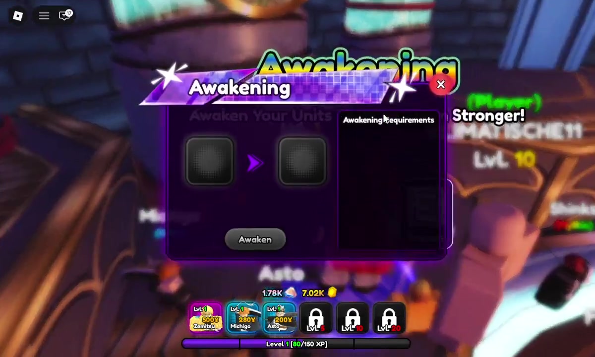 Player opens the Awaken menu and selects an awaken unit.