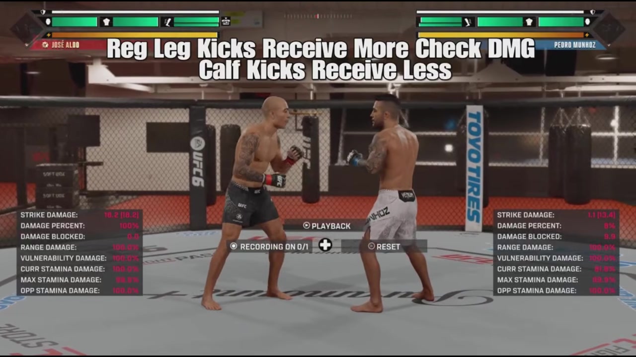 A fighter blocks low and checks incoming leg kicks