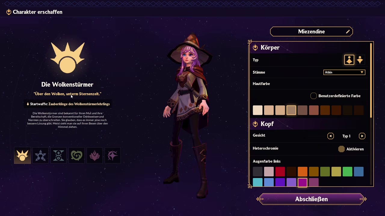 Wolkenstürmer class screen shows melee weapons and armor.