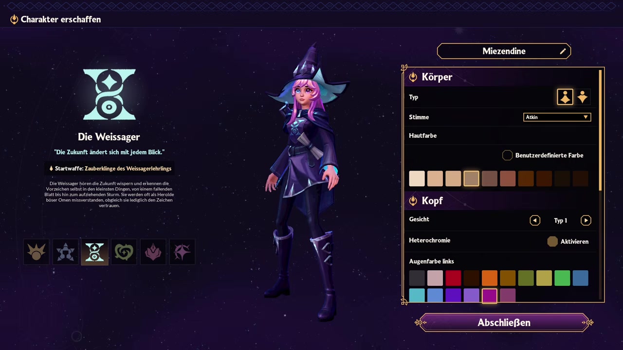 Weißager class screen shows ranged gear and critical hit bonuses.