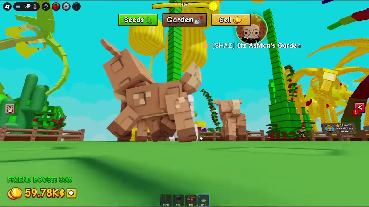 Player stands in a bright garden with pet icons nearby