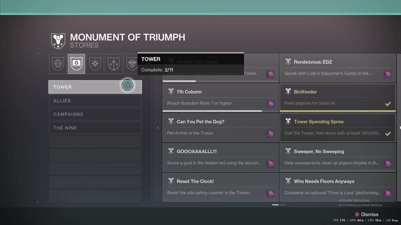 Monument of Triumph menu displays Vistas and Stories triumph pages