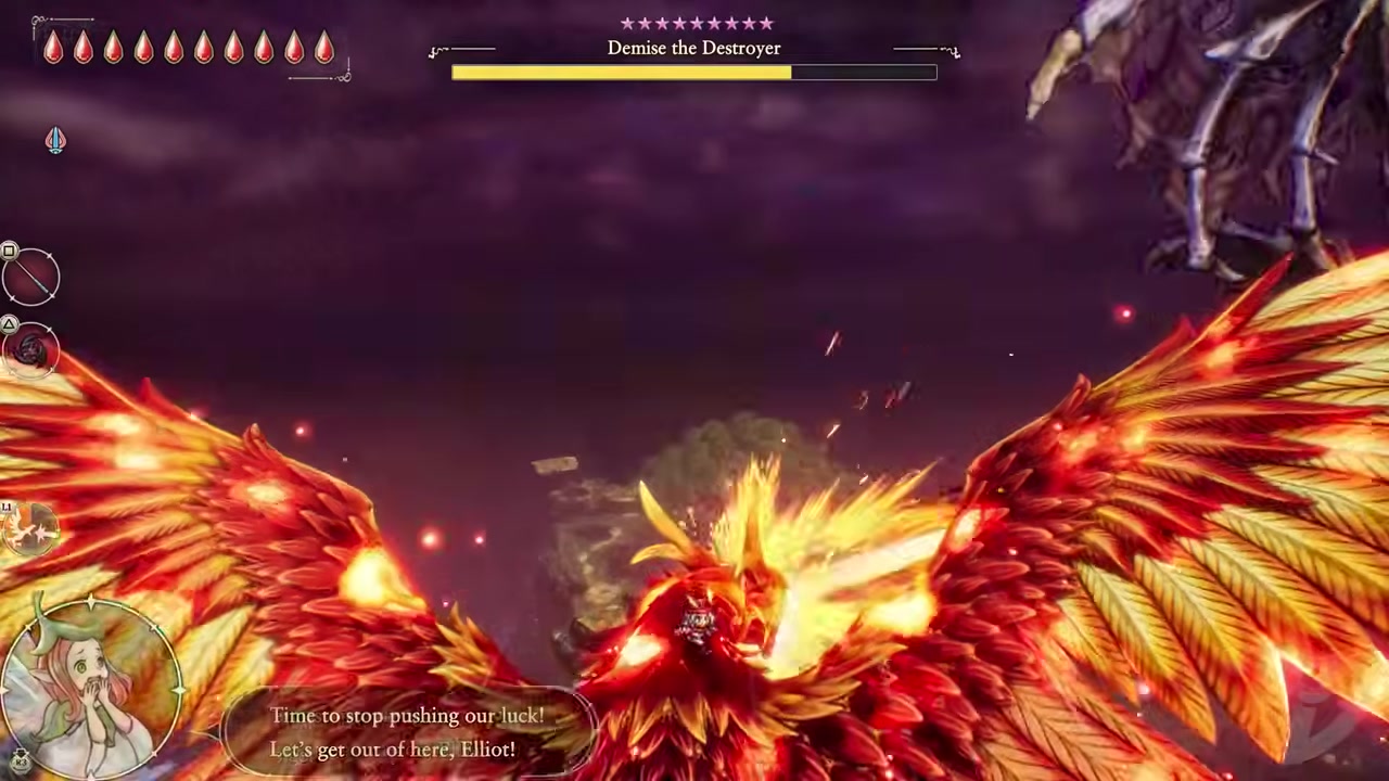 Elliot and the player leave the ruined final boss area.