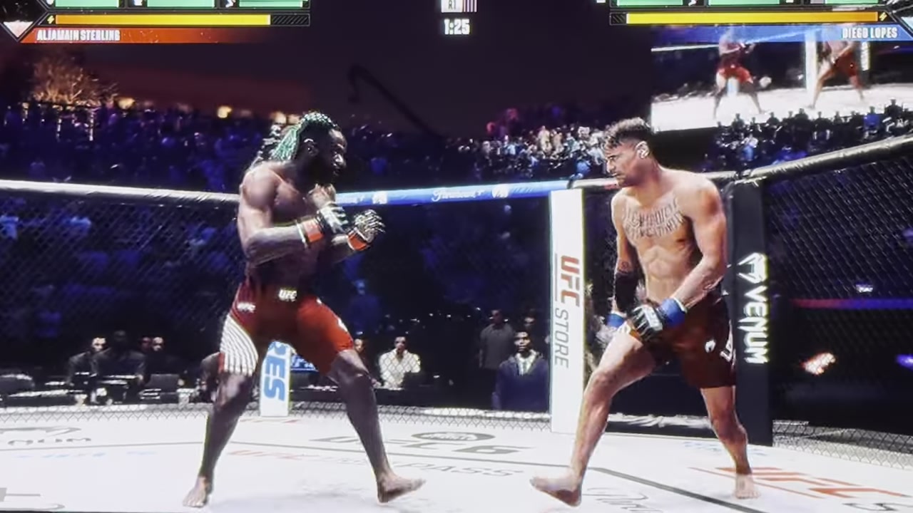 Fighter shoots in and drives opponent down to the mat.