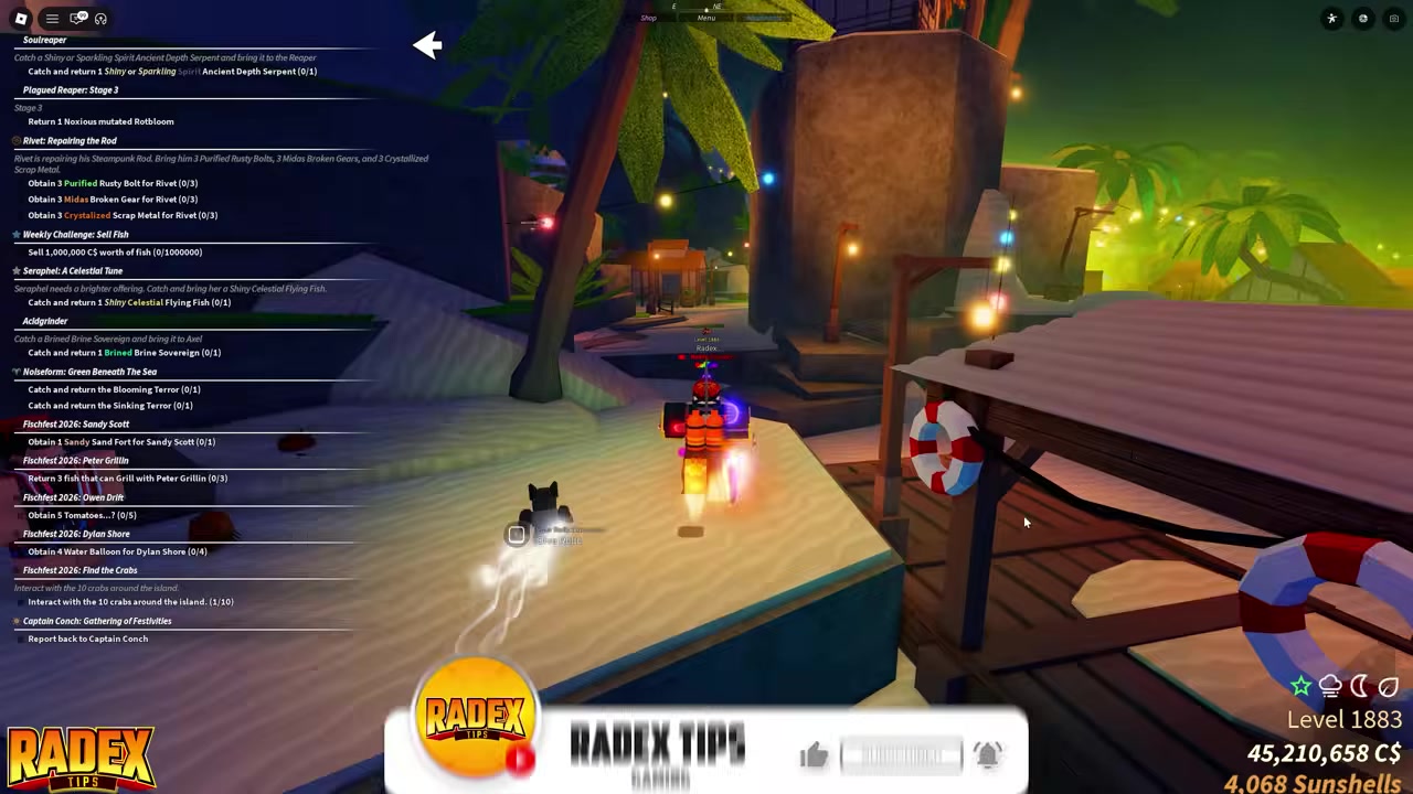 Player runs along Fischfest Island path toward glowing crab markers