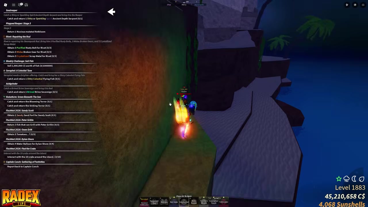 Character searches beside sandy rocks near the island shoreline