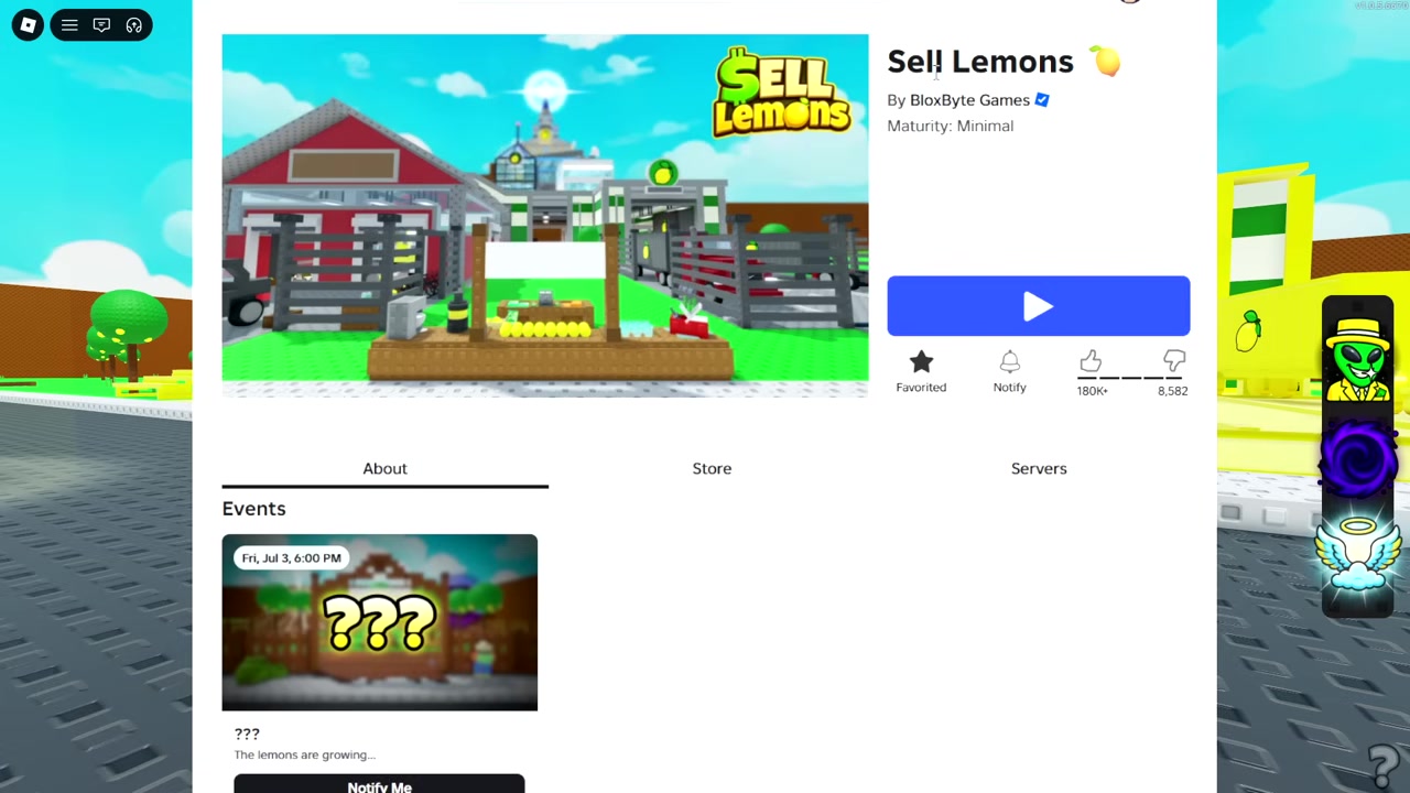 The Sell Lemons Roblox page shows its About section