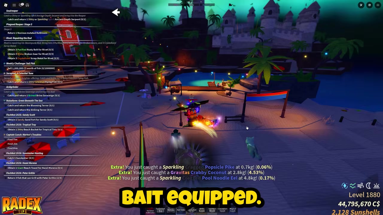 Player fishes at night with magnet bait equipped