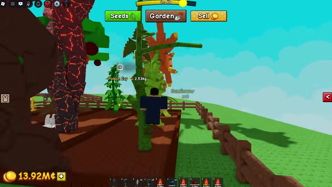 Player harvests glowing crops from a packed garden