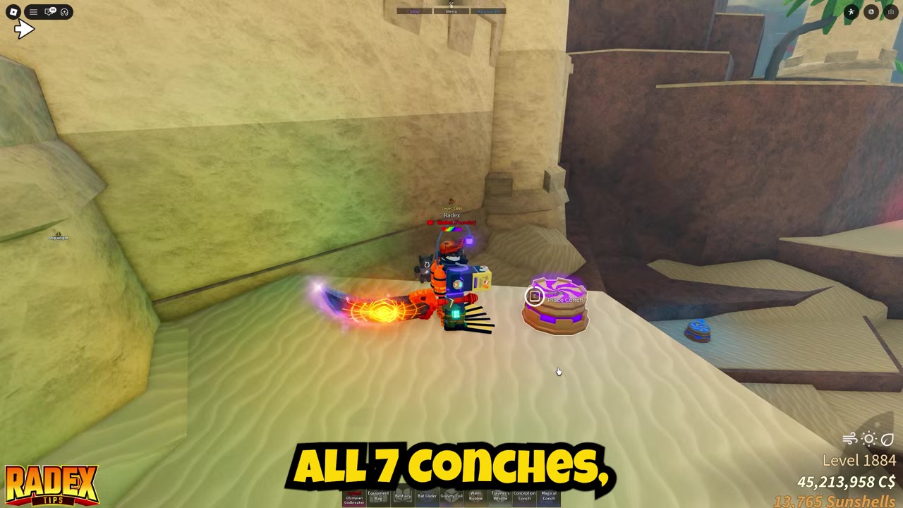 Seven colored conches sit on glowing sand castle pedestals