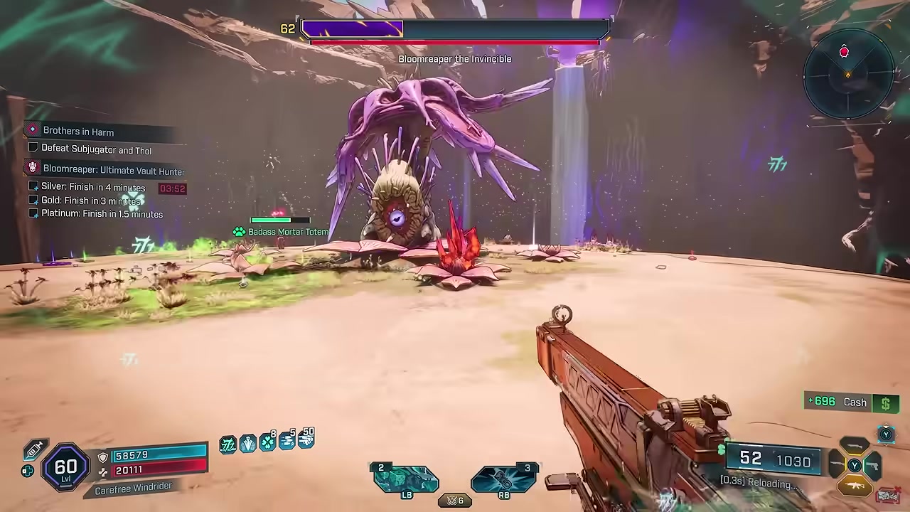 Gameplay arena shows a giant monster fight and loot chest rewards