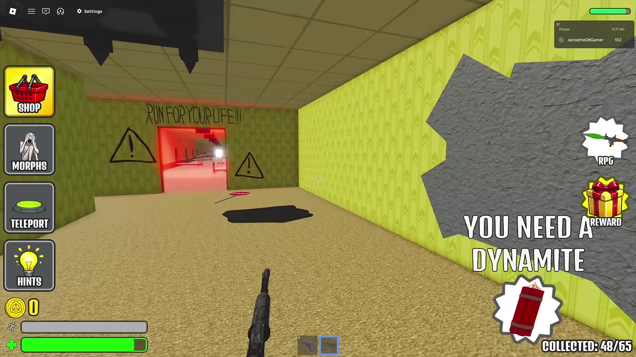 A player navigates a yellow-walled Backrooms corridor to find a morph.