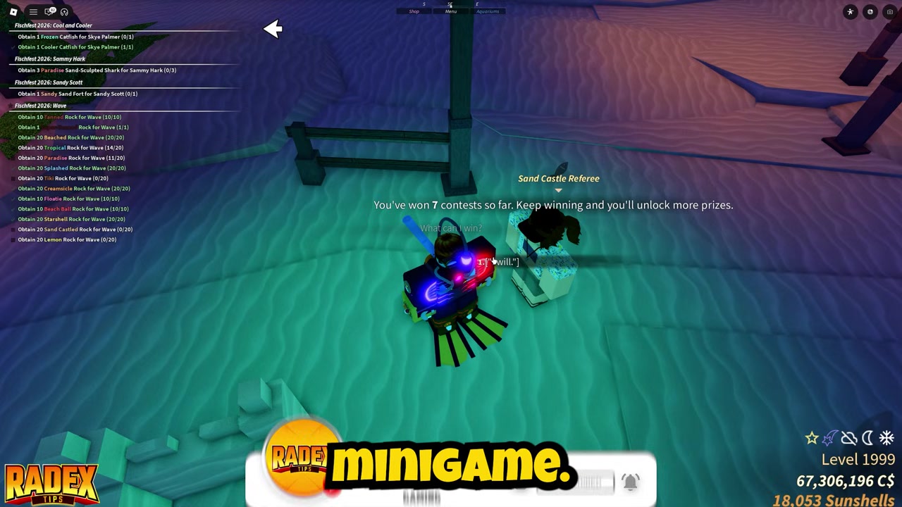 Sand Castle minigame screen shows win progress toward Sandy Smudge