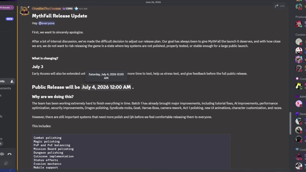 Delayed MythFall release notice fills the screen