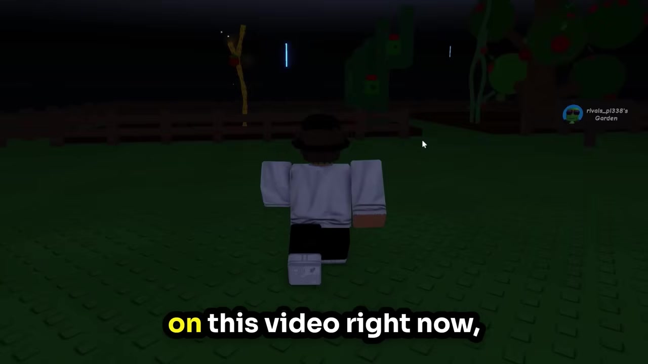 Roblox garden gameplay with subscribe prompts on screen
