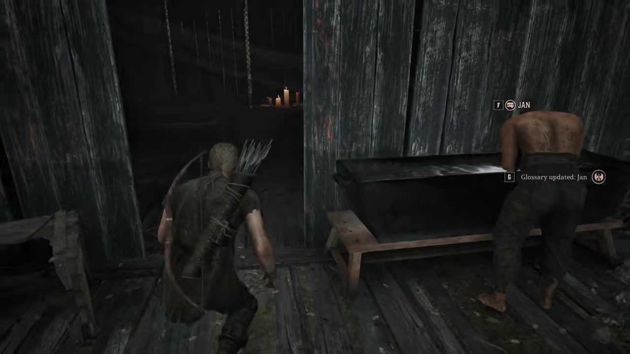 Wait for the NPC to leave his hut