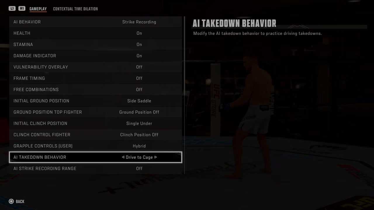 AI takedown behavior settings let you practice cage denial and direction changes.