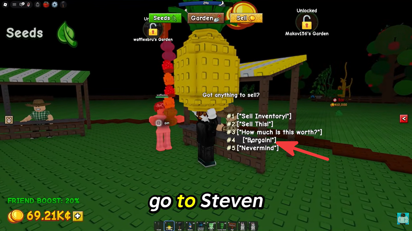 How Bargaining works in Grow a Garden 2 - selecting bargain option with steven