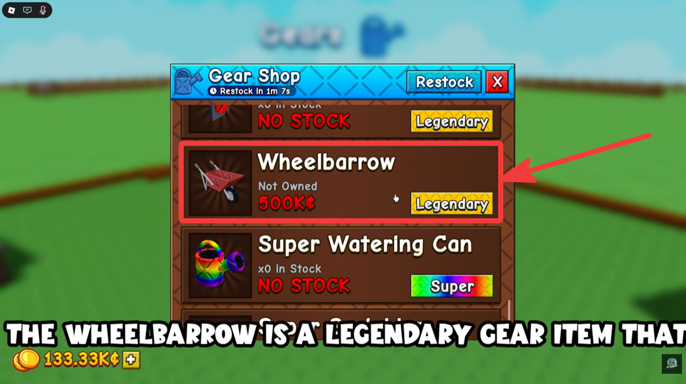 How to get the Wheelbarrow in grow a garden 2 - gears shop screenshot showing wheelbarrow