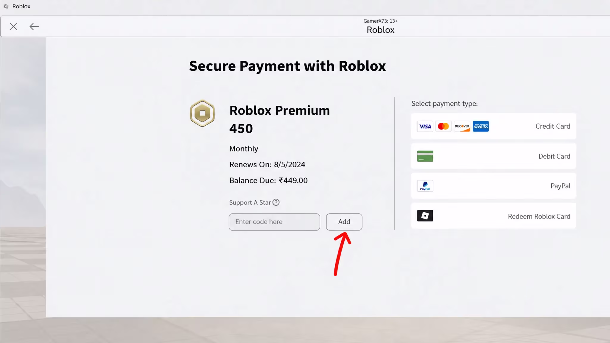 Add Star code option in Roblox App