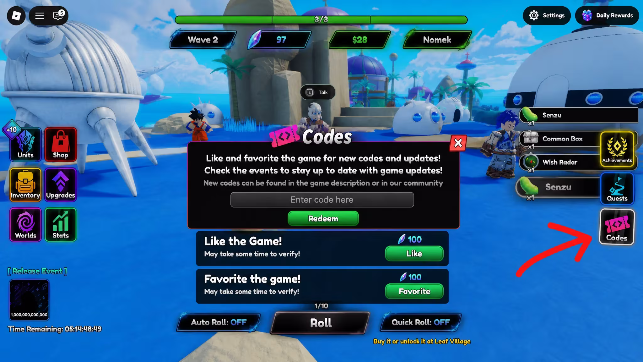 Roblox Anime RNG Defense code system. Arrow pointing to the codes button