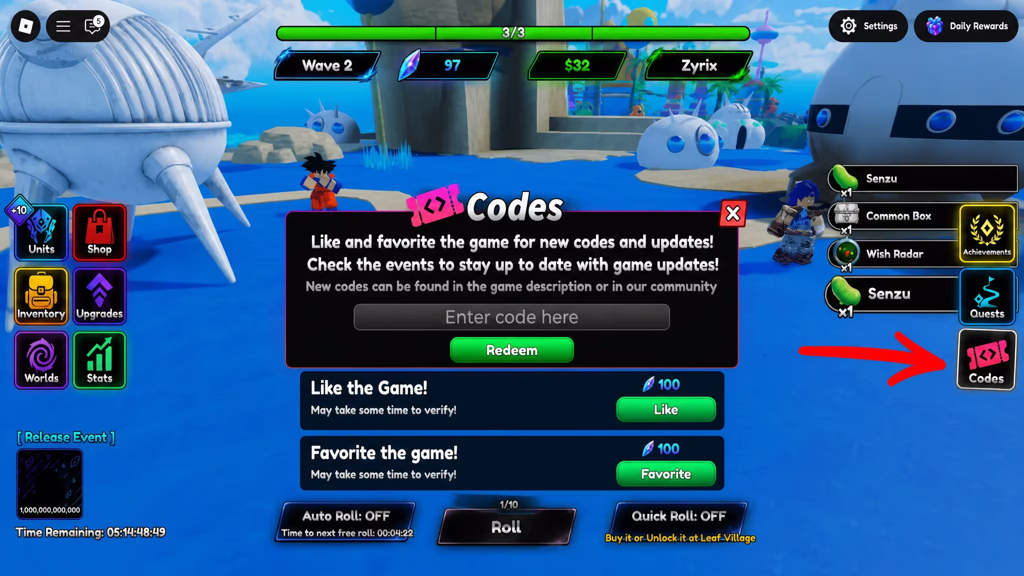 Roblox Anime RNG Defense code system. Arrow pointing to the codes button