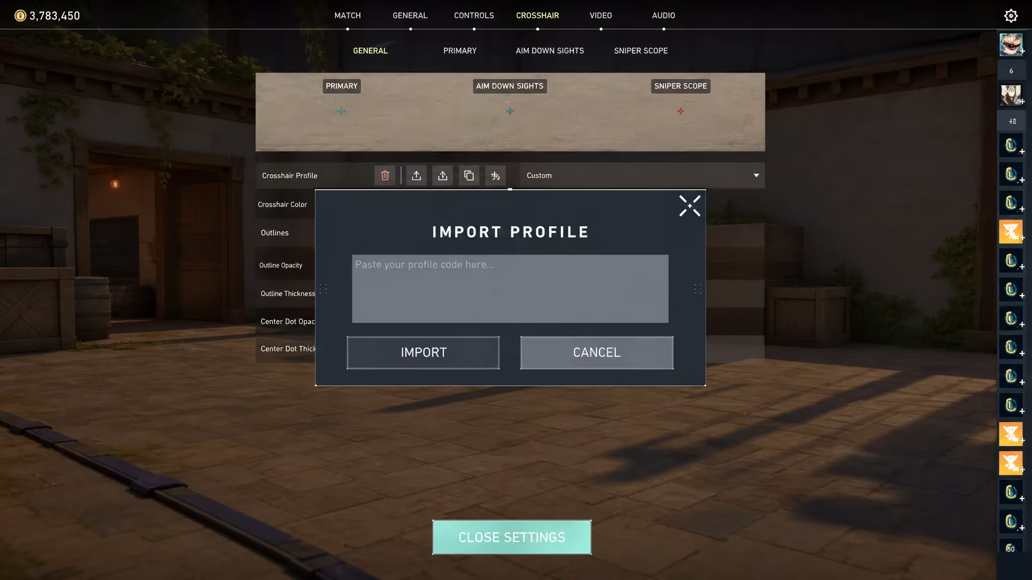 Valorant crosshair: import pop-up