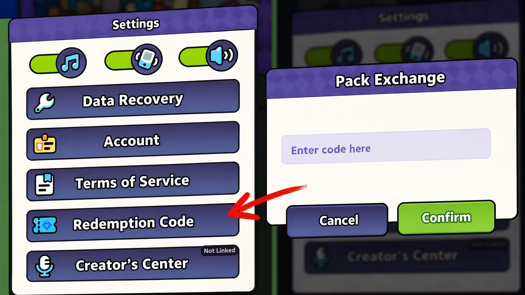 Clash of Critters code redemption screen and how to get there from the settings