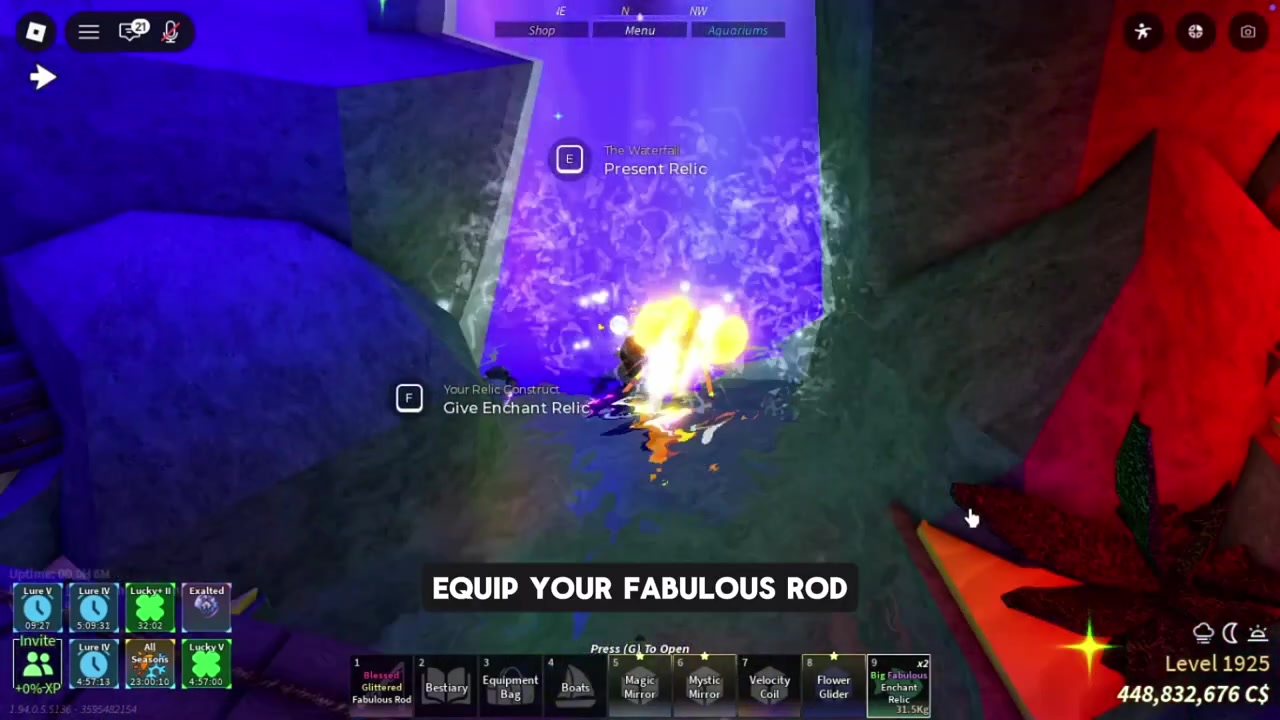 Equip your rod and hold the relic