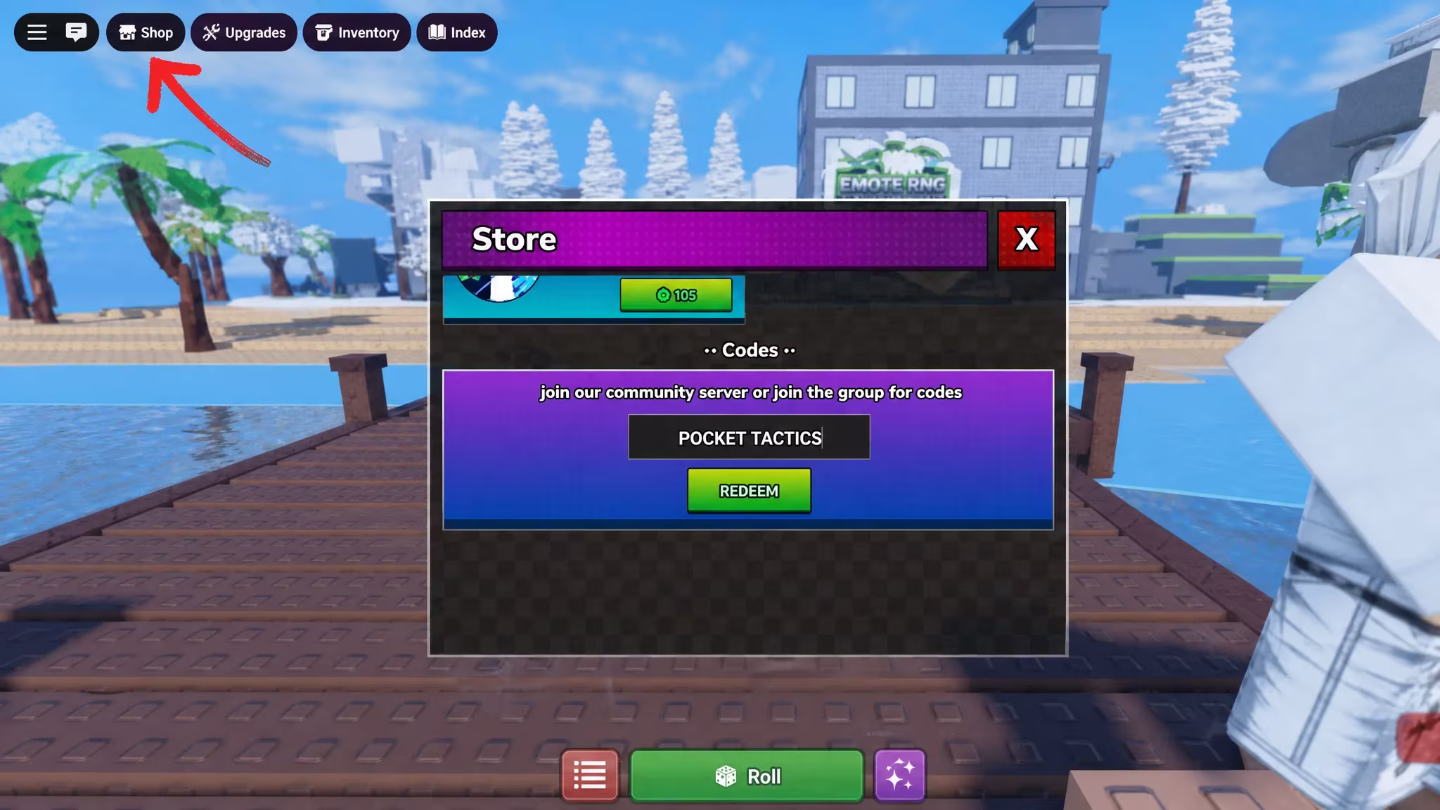 Emote RNG code redemption box with an arrow pointing to the shop button