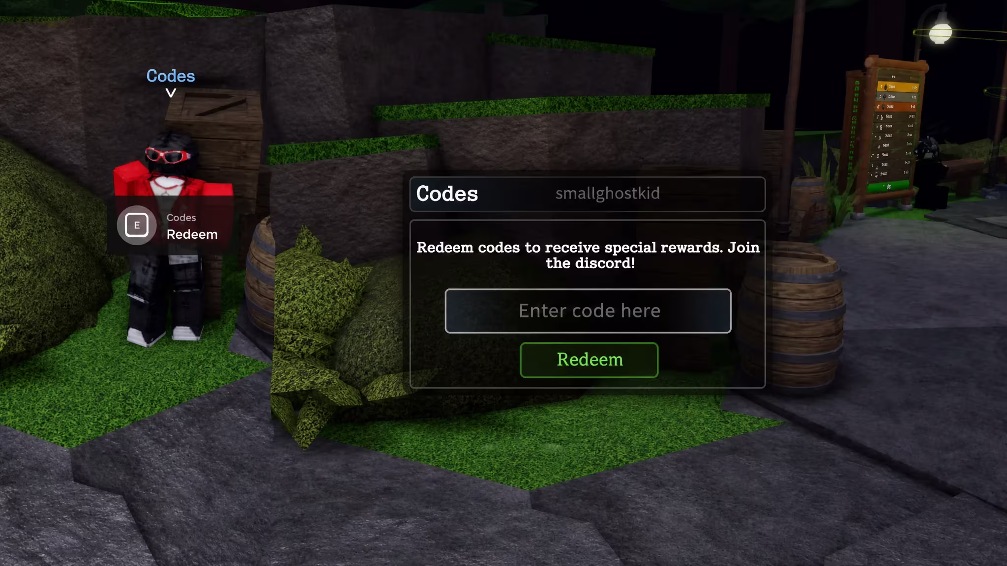 Evil Plate Game codes: Two side-by-side screenshots showing the codes NPC and then the codes box with Pocket Tactics in the entry field and a PT logo in the top right corner