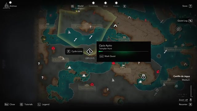 World map cursor selects the Opia Apito Templar hunt