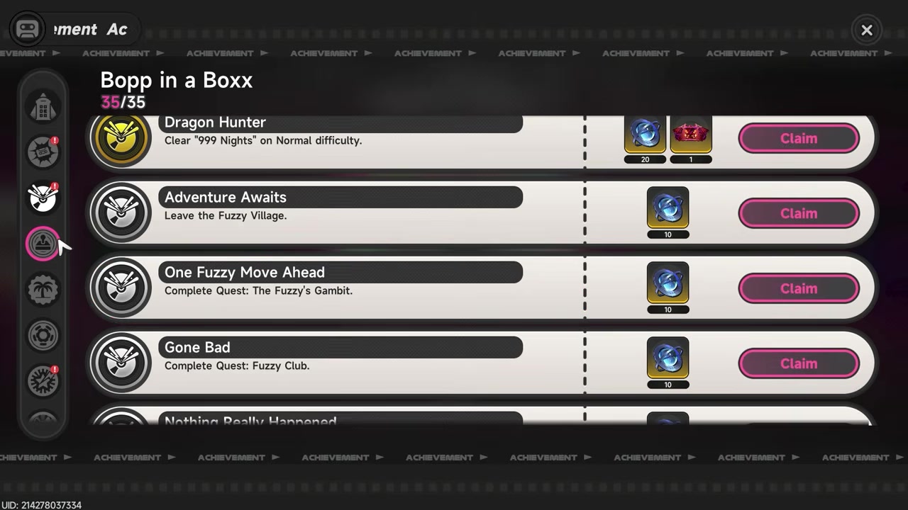 Achievement menu shows five new side quest rewards