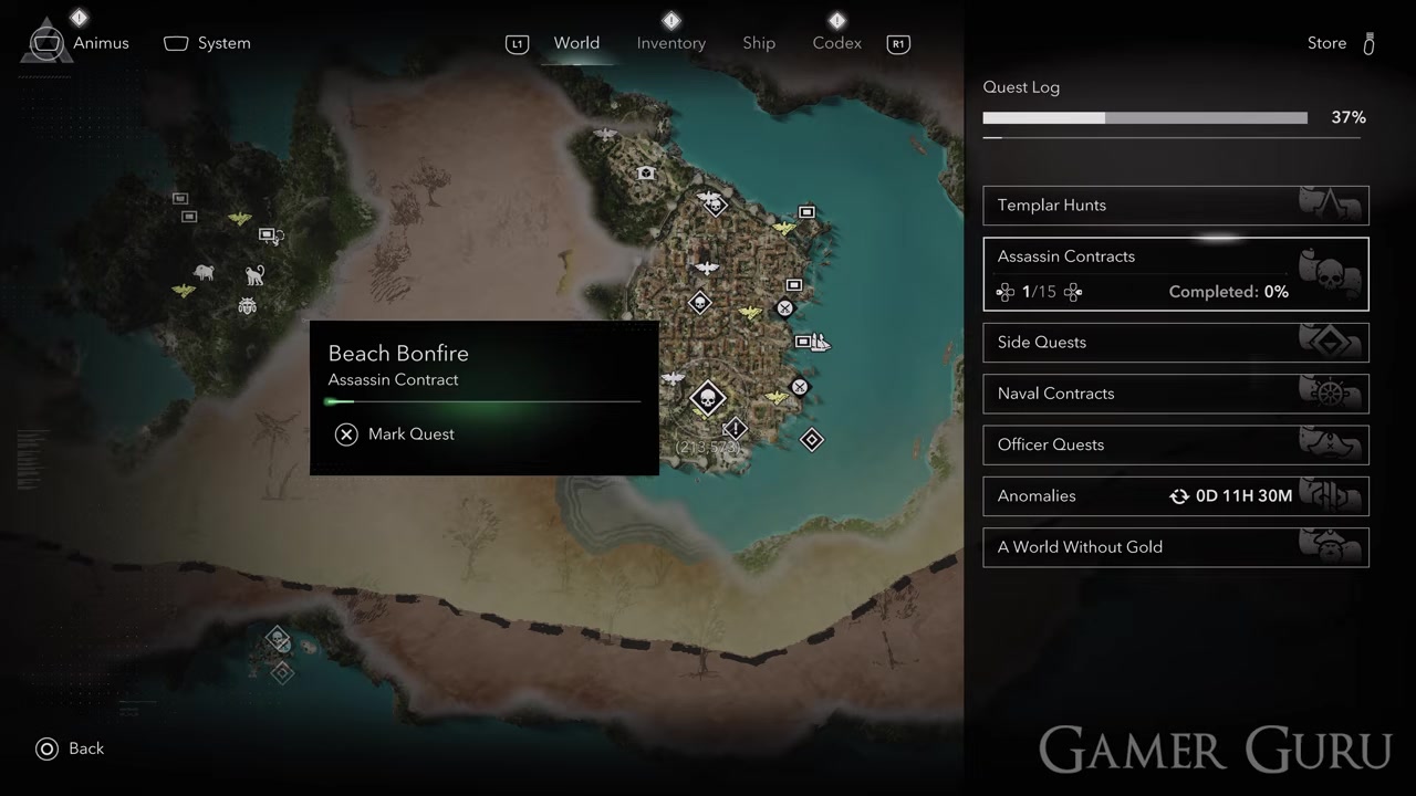 Map menu shows assassination contracts filtered by category