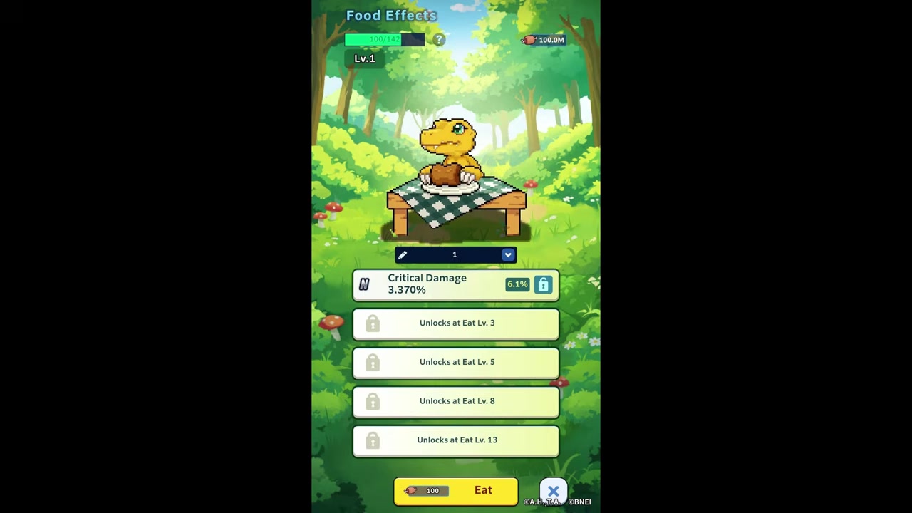 Digimon upgrade menu shows levels, skills, and food stats
