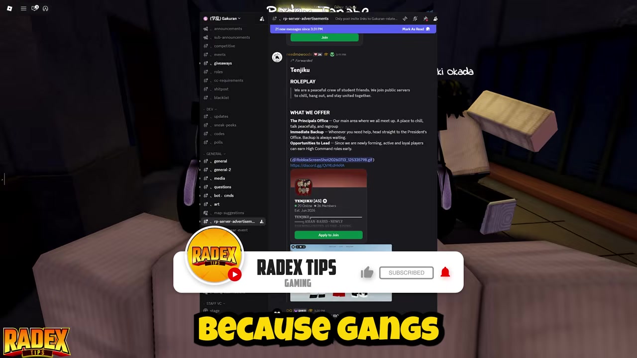 Discord server shows gang recruitment ads and RP channels