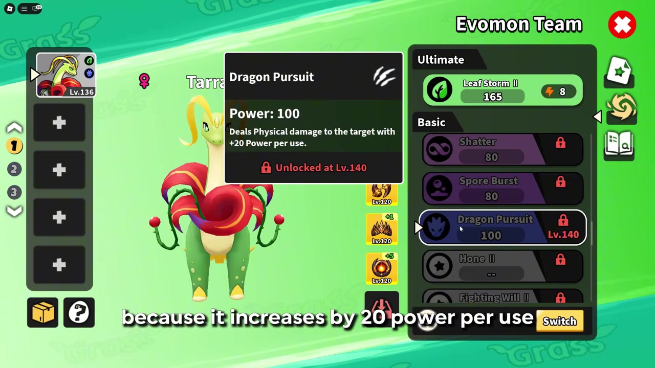 Dragon Pursuit move details appear beside the battle menu.