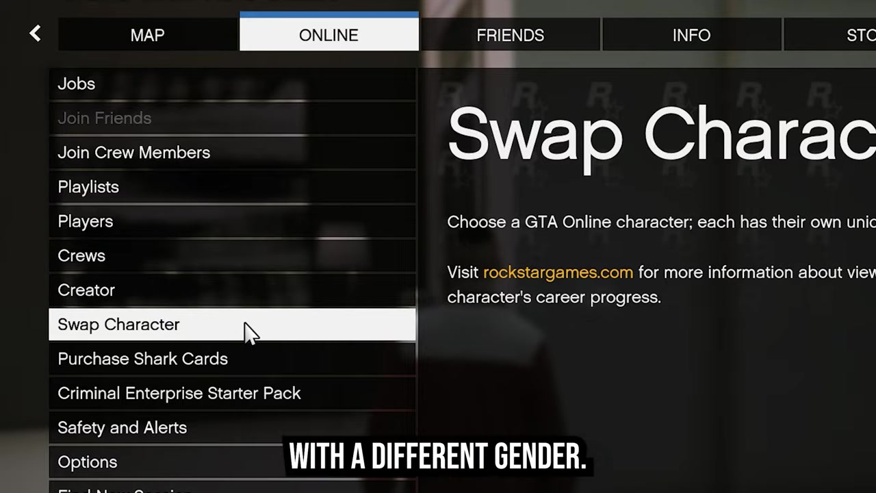 Online menu highlights Swap or Manage Characters option