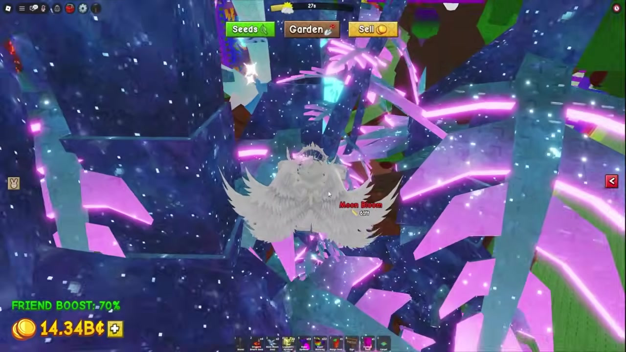 Roblox gameplay shows a character standing in a bright garden area