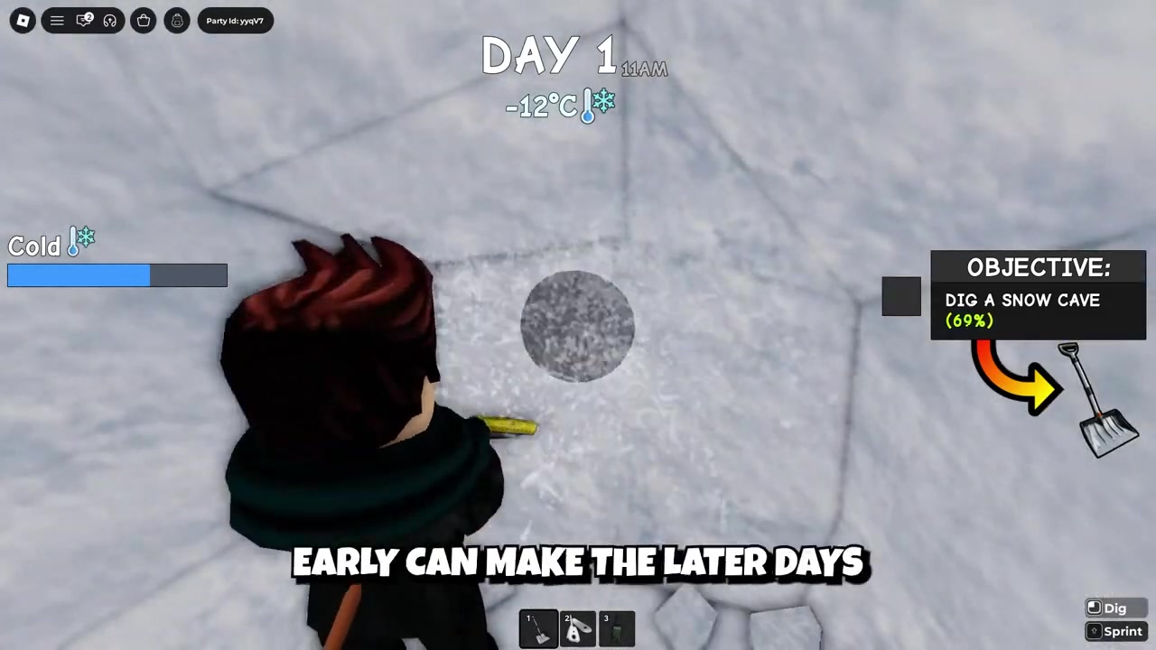Player plans tasks beside a snowy survival base