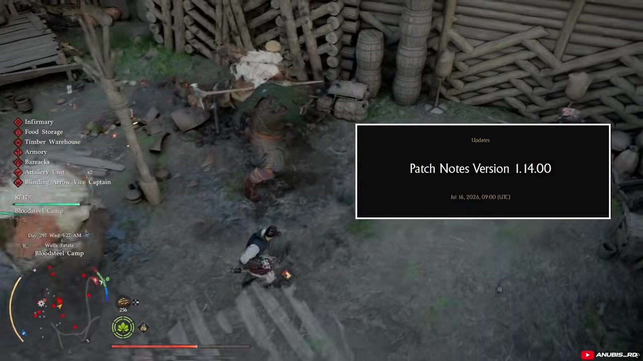 Crimson Desert hero stands in rocky terrain with update text