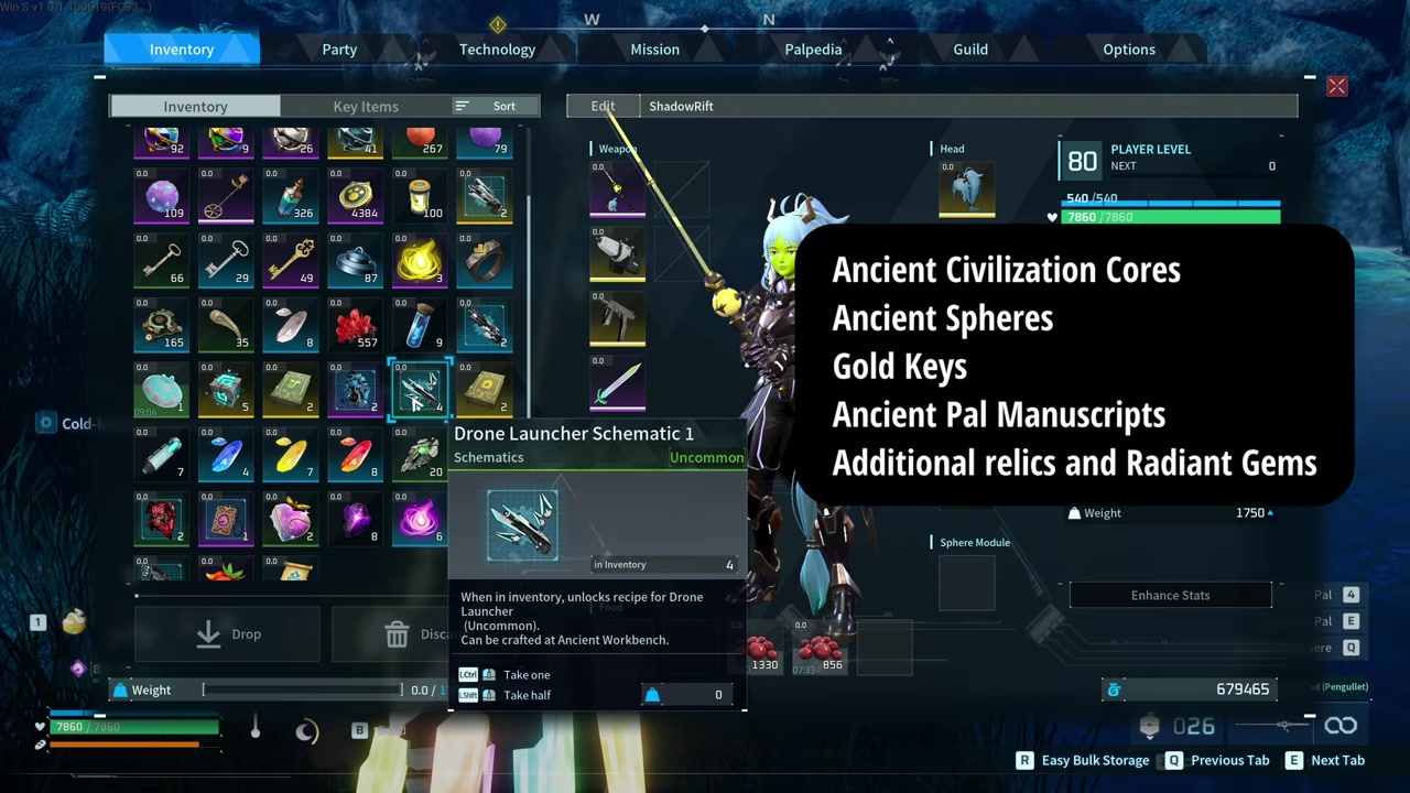 Inventory shows fishing rod, bait, and rare loot materials