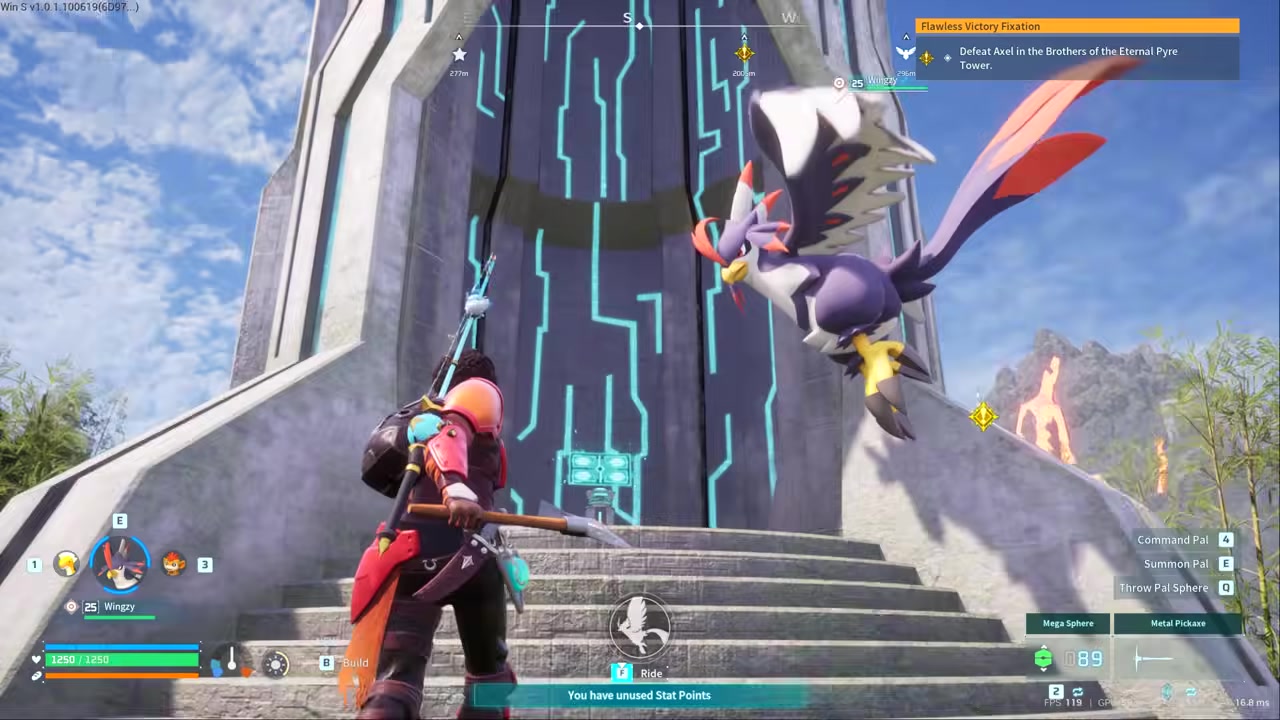 Map marker appears beside a tall tower at snowy coordinates