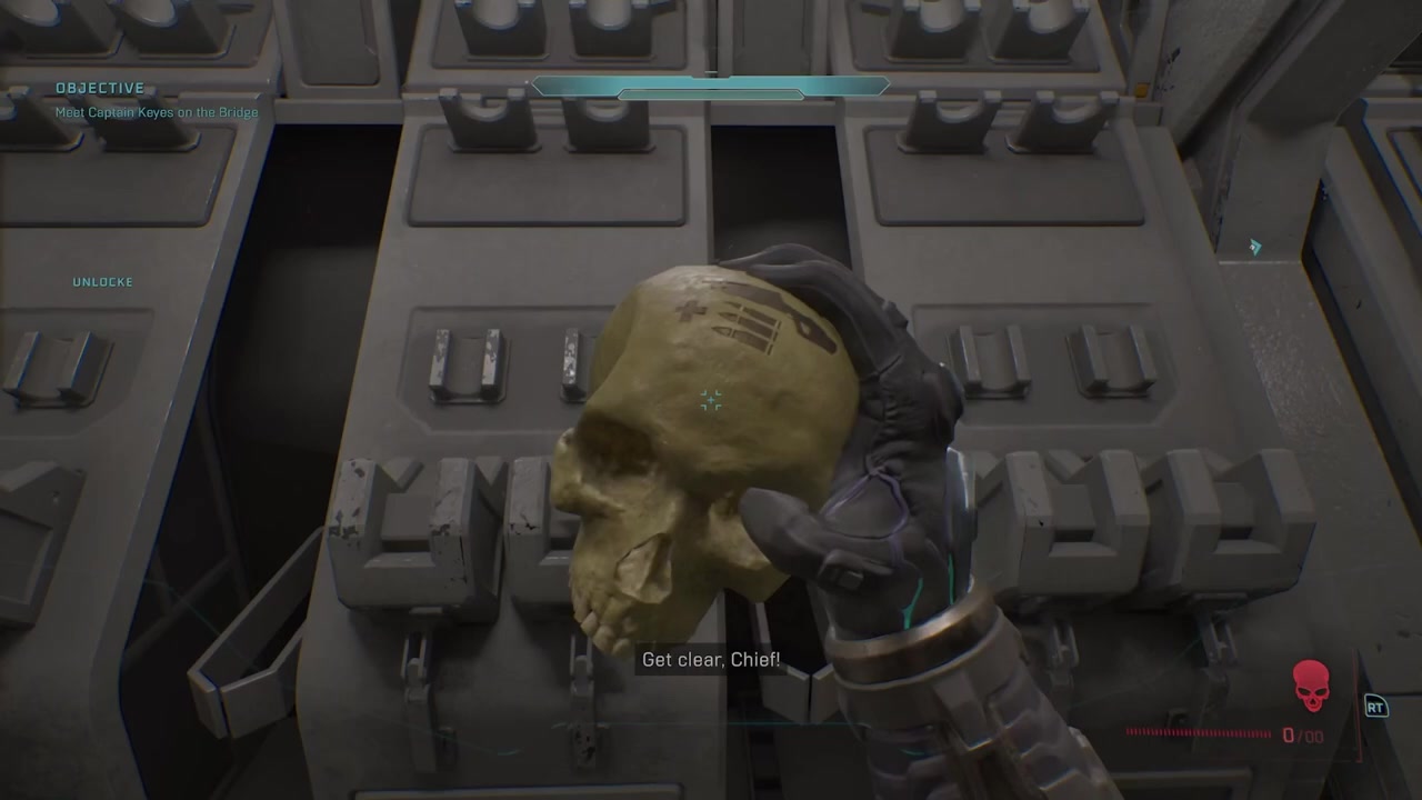 Skull rests on a ledge inside the ship