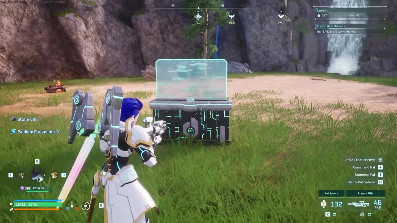 Hillside base area shows resources, crafting space, and scenic views
