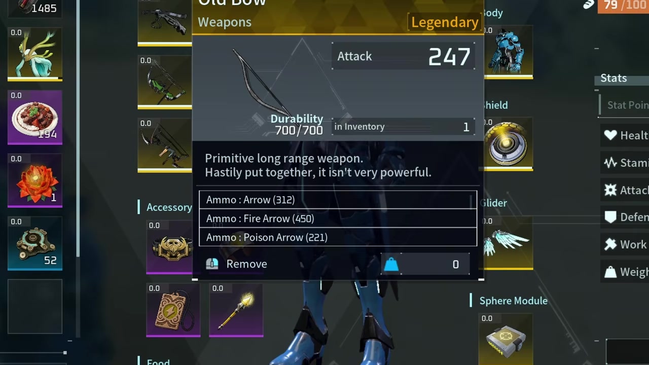 Legendary old bow stats and arrow type options appear onscreen